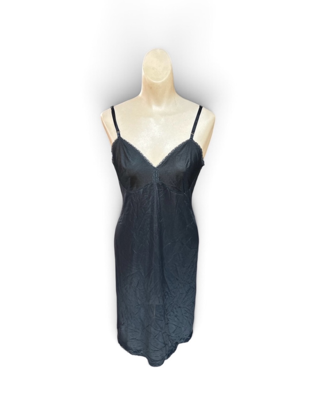 Vintage 1960s Vanity Fair Black Nylon Full Slip Lace Lingerie 36 TT
